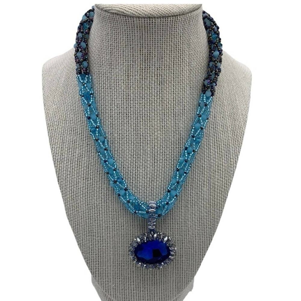 Two toned blue beaded pendant. Hand beaded bezel OilNana creation one of a kind